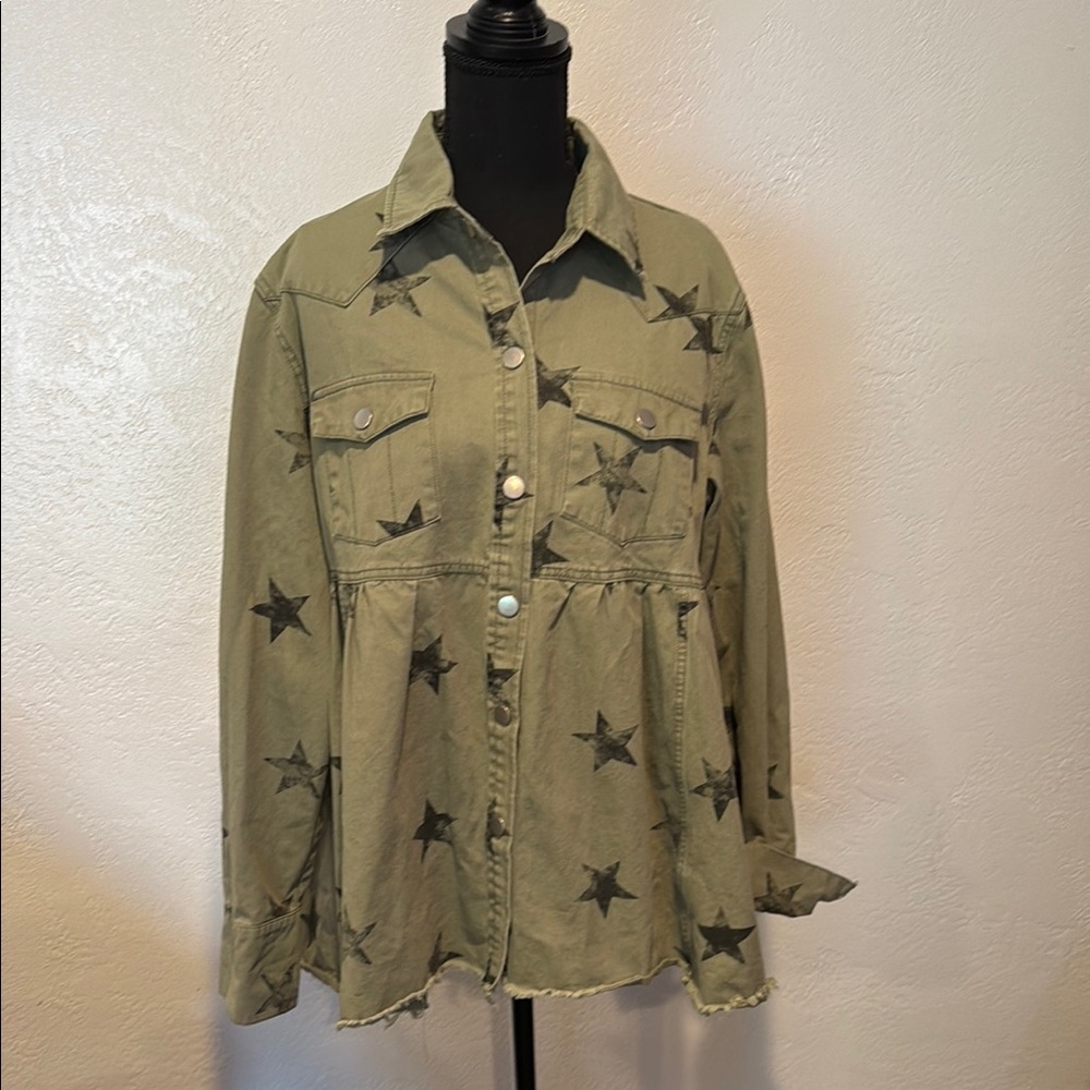 Green Jean Jacket with Relaxed Fit and Star Print